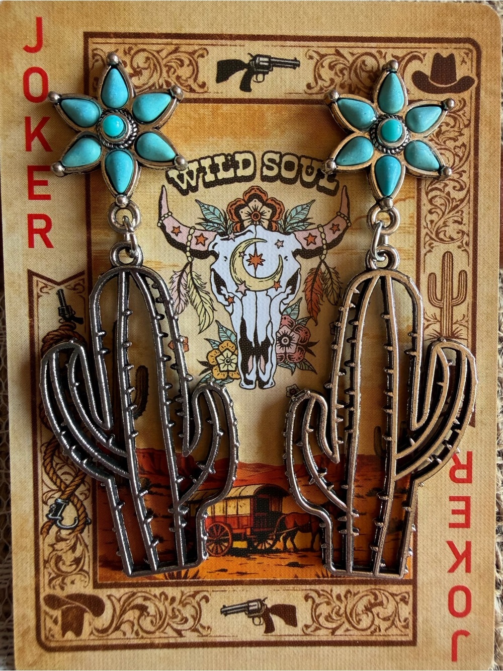NEW Turquoise Open Cactus Statement Earrings • Western Cowgirl Southwestern